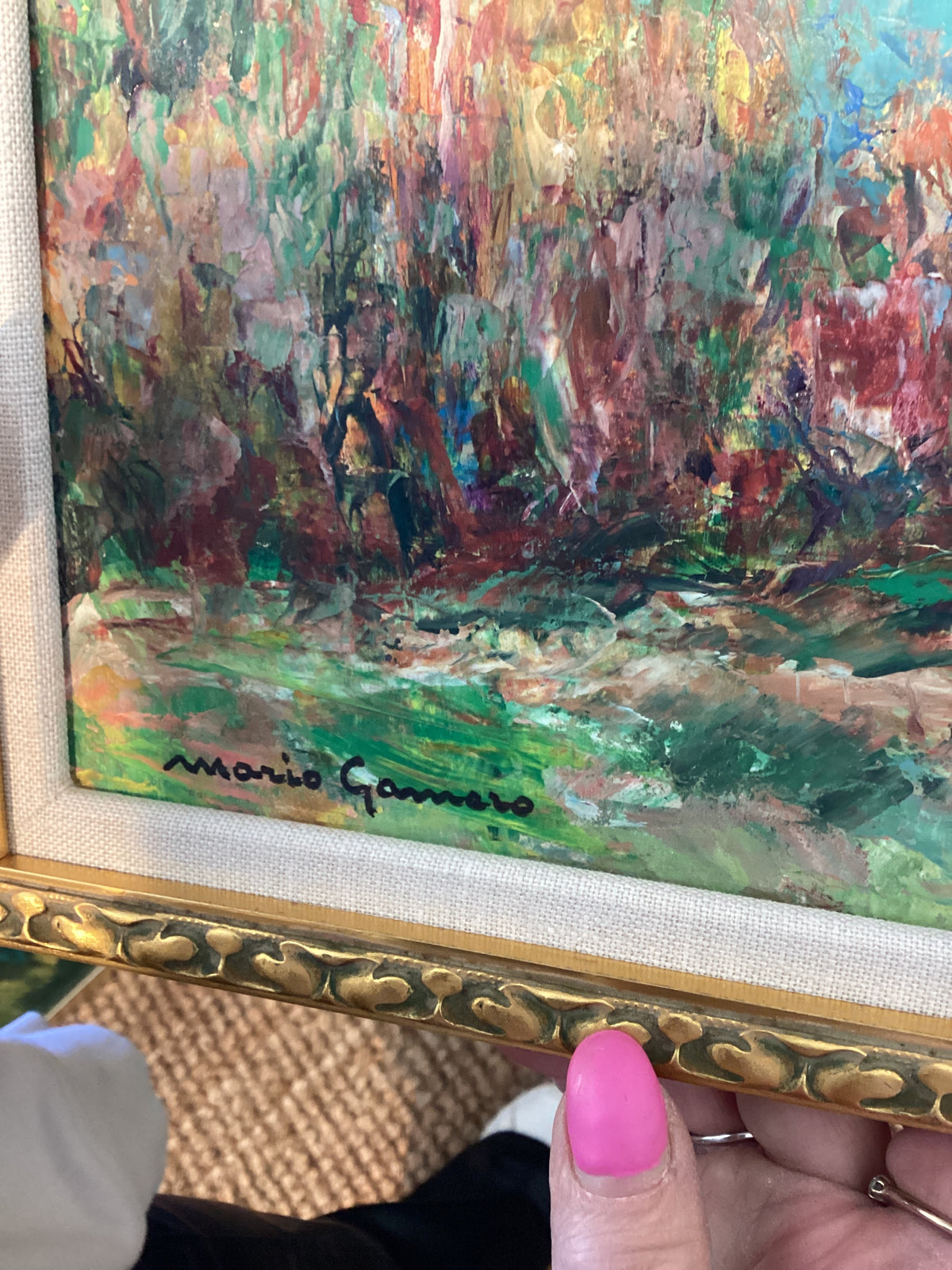 SMALL ITALIAN LAKE SCENE PAINTING ON BOARD 13x14 DETAILED GOL FRAME