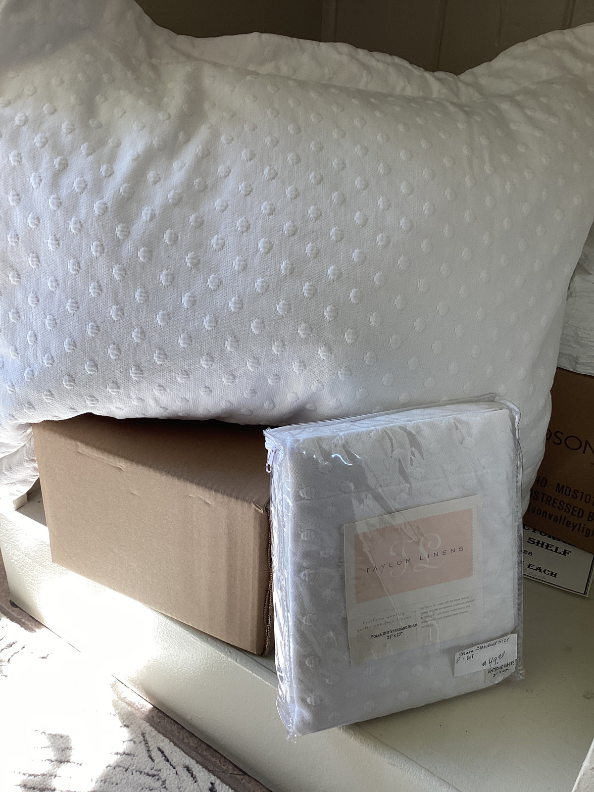 SHAM ANTIQUE WHITE POLK A DOT STANDARD 21”x27” COVER ONLY