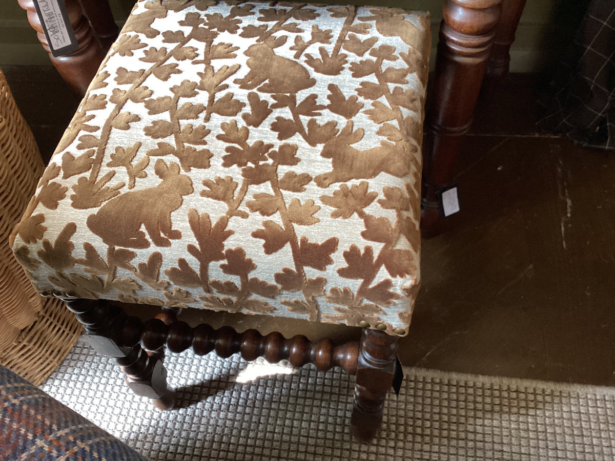 Footstool-antique oak bobbin leg English with cut velvet Bunny design upholstery