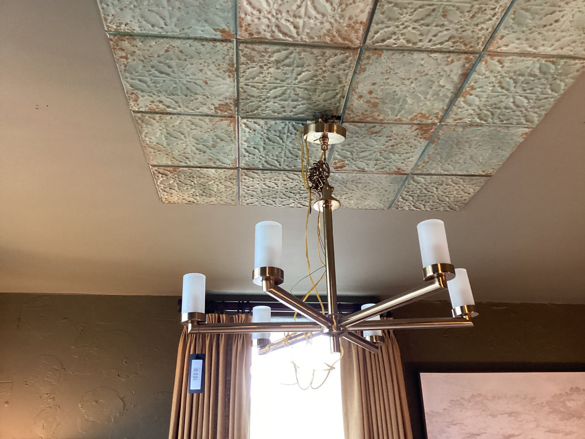 6 Light Antiqued Brass Chandelier with Frosted Glass Shades