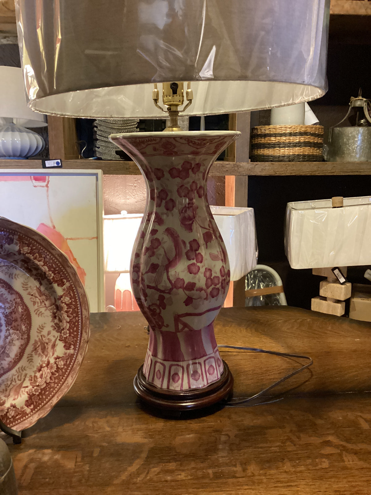 Pink & white chinoiserie ceramic lamp with wooden vase