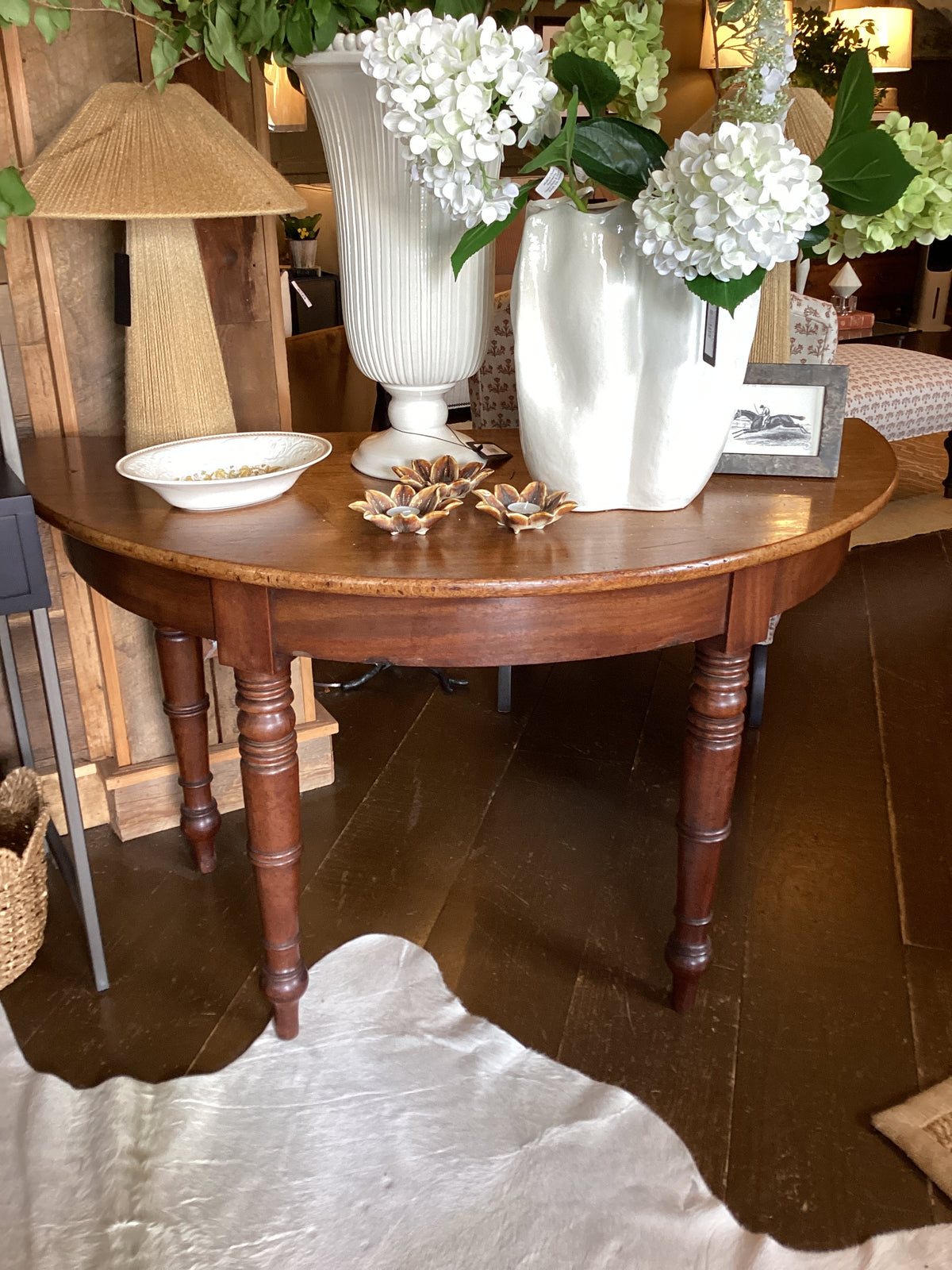 Demi lune pair of Antique oak tables 50.5LX24WX28.5”
