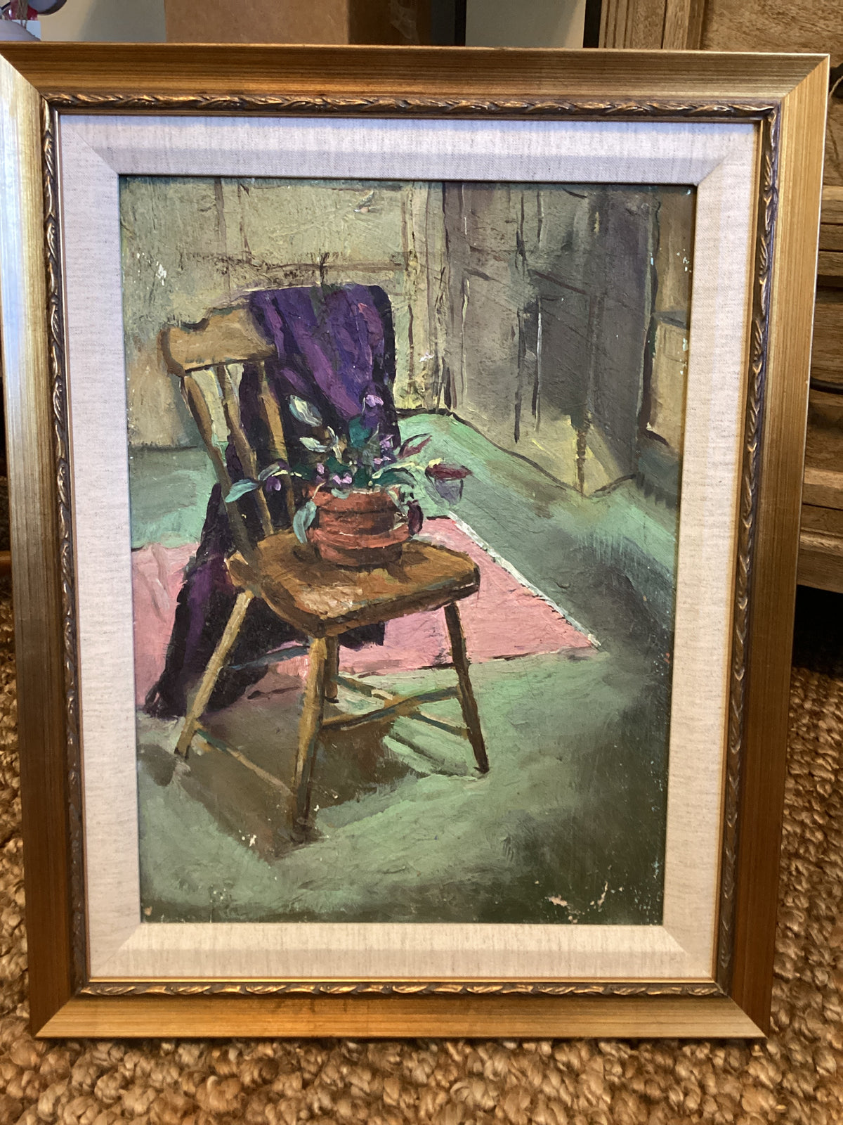 FRAMED STILL LIFE POTTED PLANT ON CHAIR AS IS 20x16