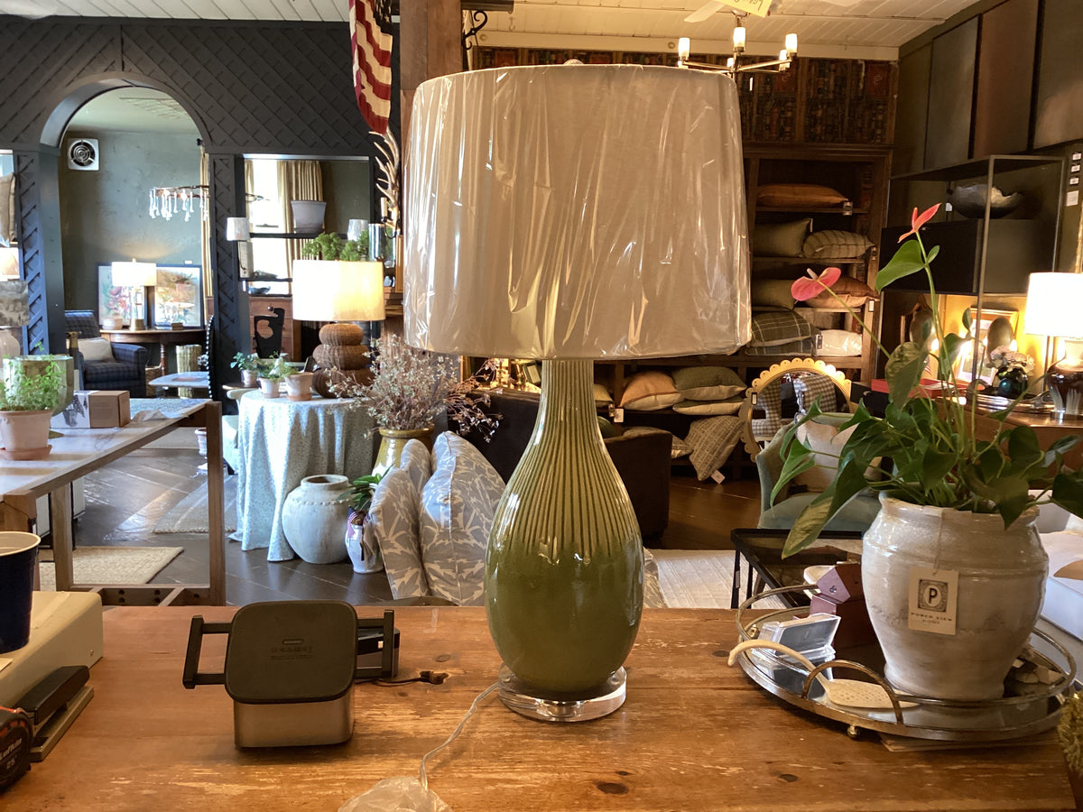 OLIVE RIBBED GLOSSY ACRYLIC BASE TABLE LAMP