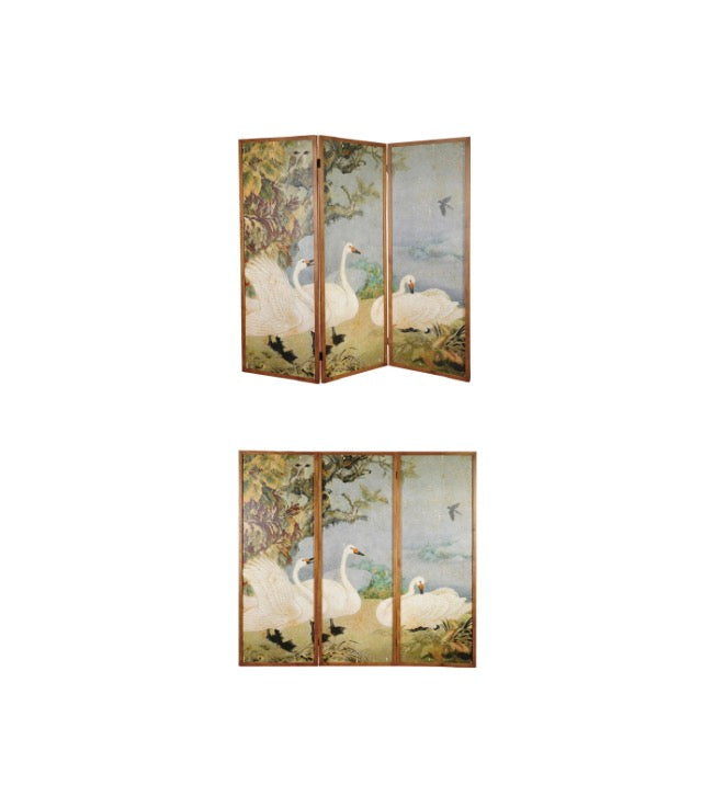 2-Sided Folding Room Divider with Vintage Reproduction Swans