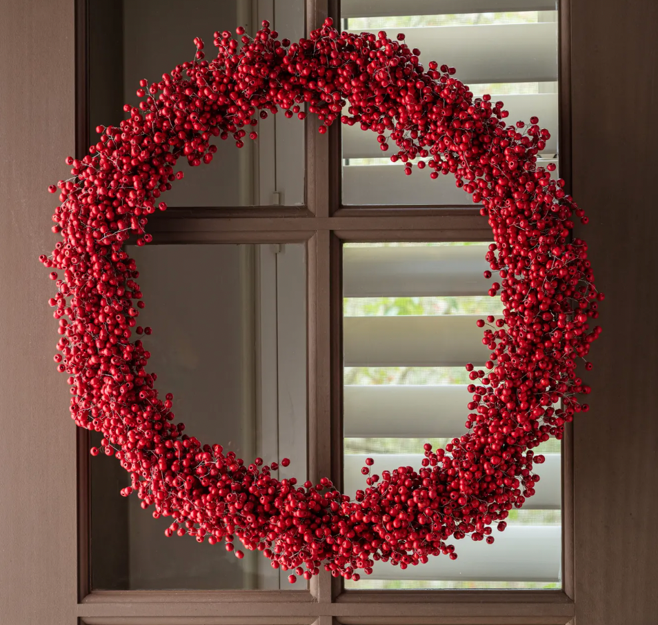 Red Wooden Bead Berry Wreath 20"