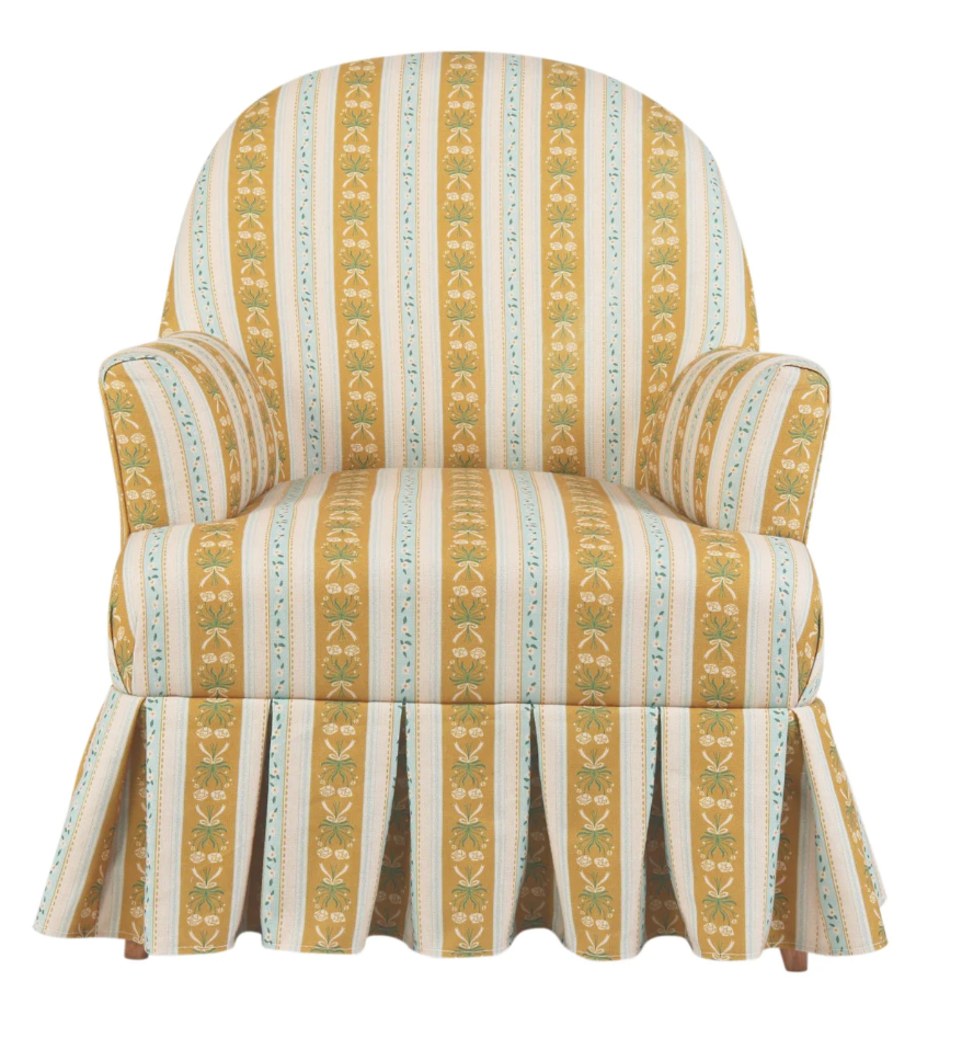 Fabric Upholstered Skirted Chair W Striped Floral Pattern