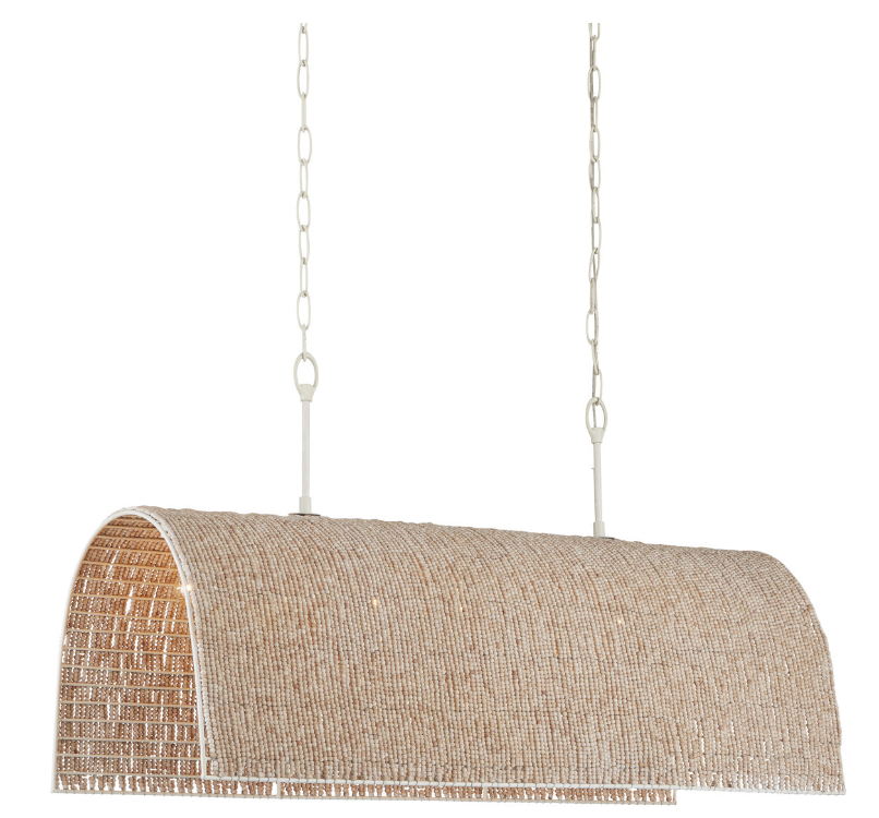 7 Light Rectangular Chandelier with Wood Beaded Shade and White Iron Frame