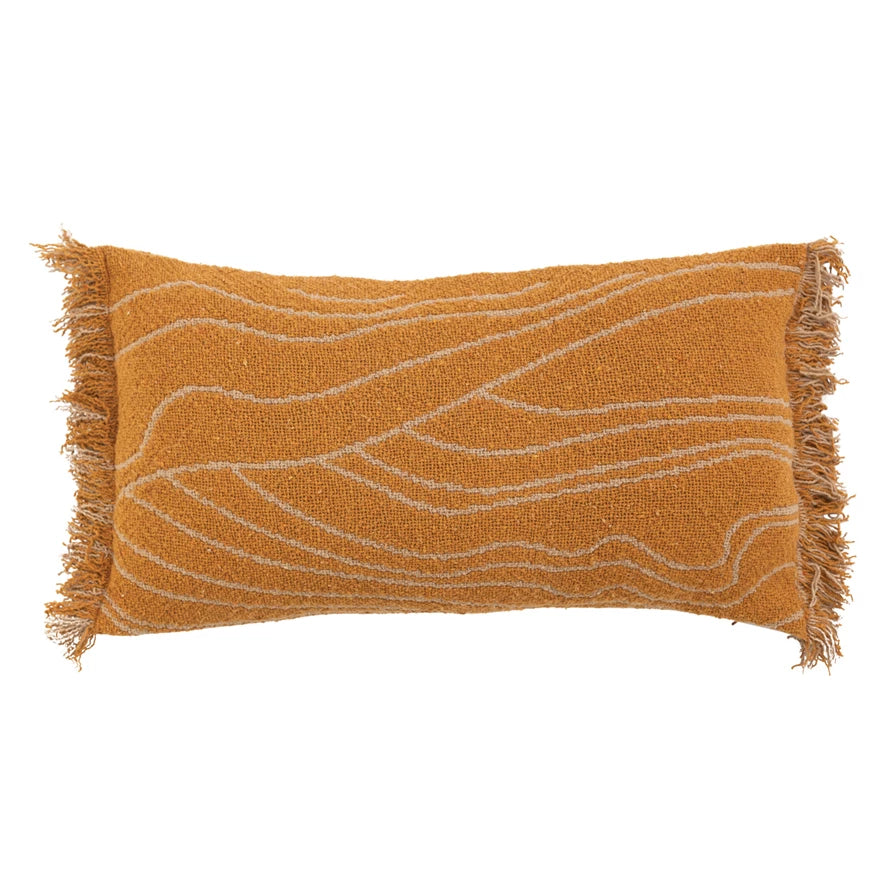 26" x 14" Woven Recycled Cotton Blend Lumbar Pillow w/ Wave Design & Fringe