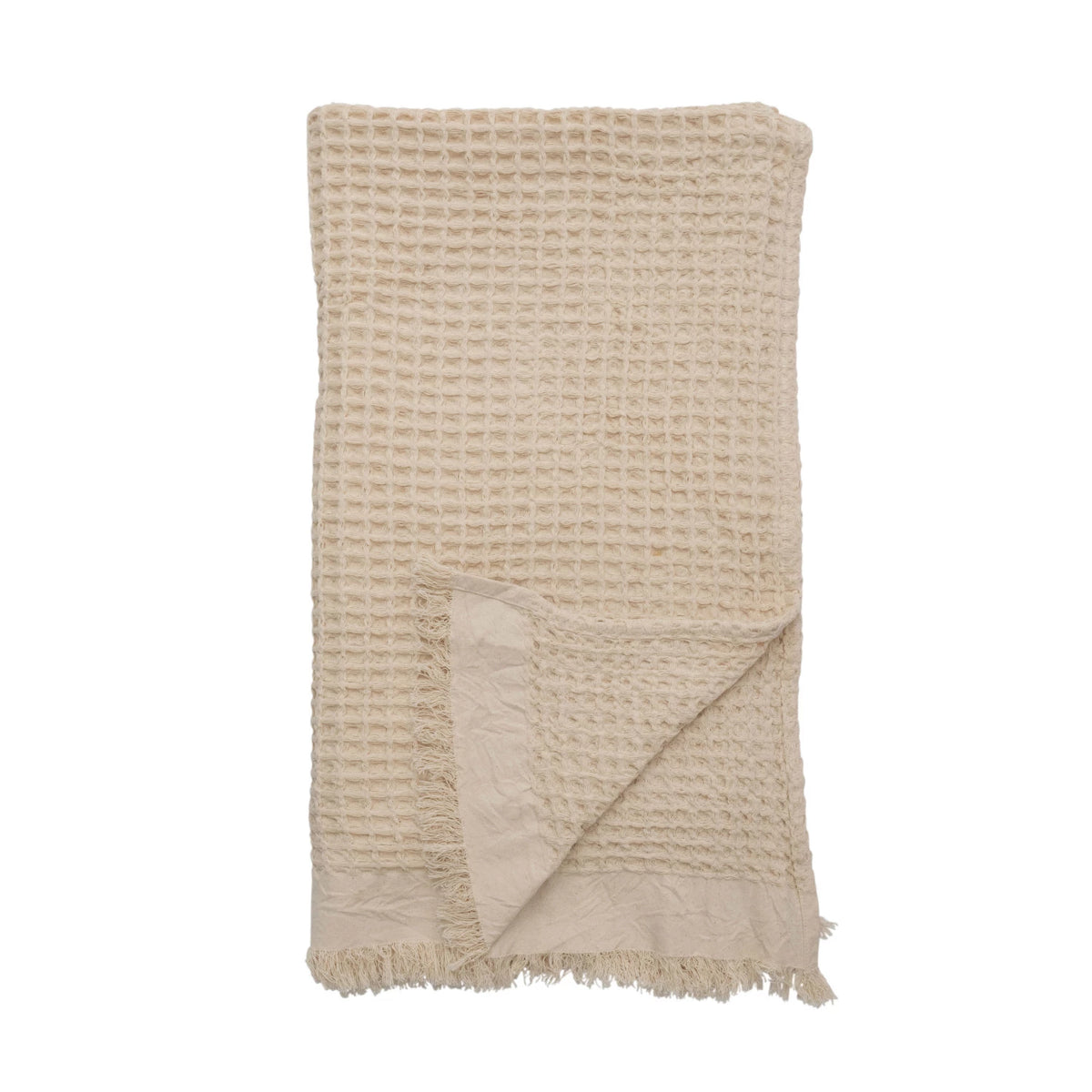 Cotton Waffle Weave Throw w/ Fringe in Tan