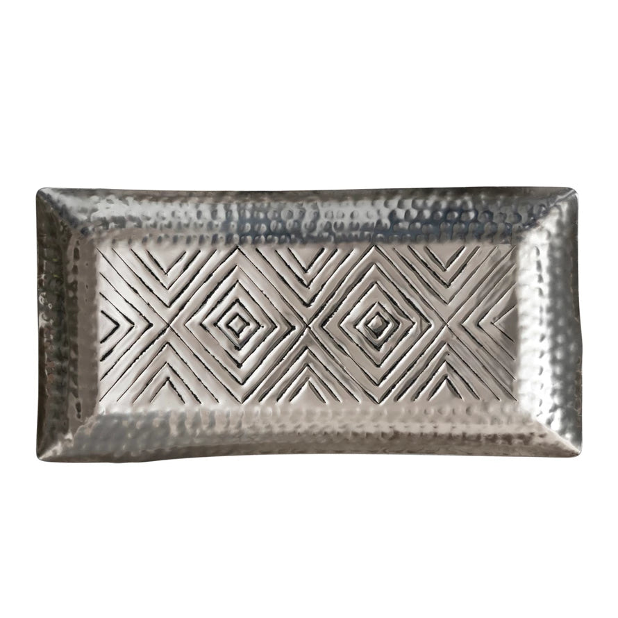 Decorative Aluminum Tray w/ Stamped Pattern, Antique Silver Finish sale:40%off