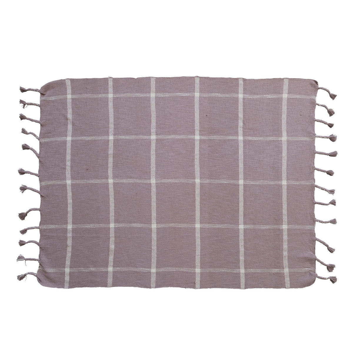 Woven Cotton Slub Throw w/ Grid Pattern & Braided Fringe, Lilac Color & White