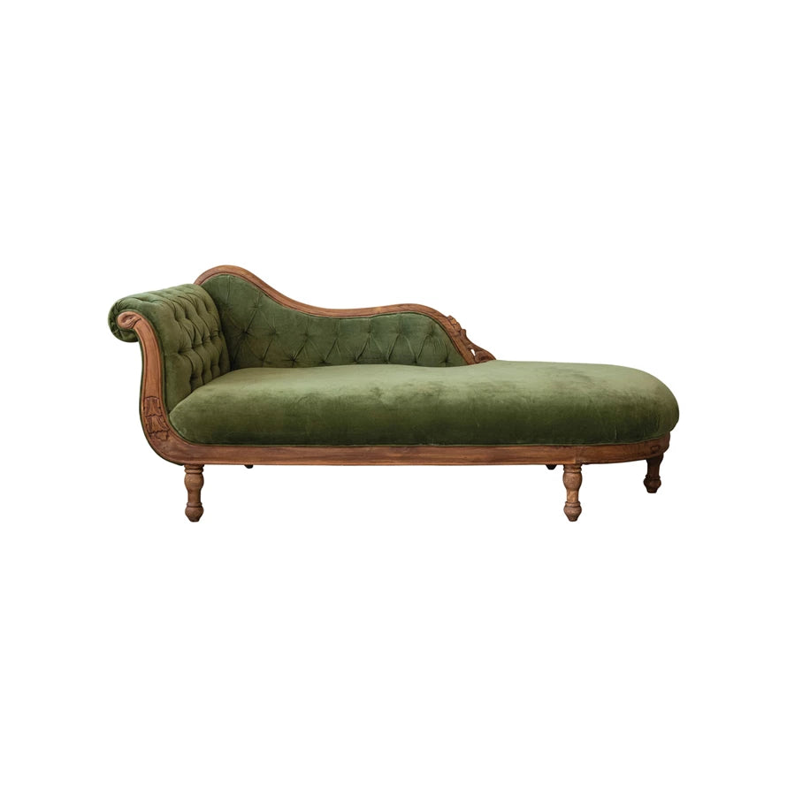 Cotton Velvet Upholstered Chaise Lounge w/ Carved Wood Frame REG:2,500.00 SALE:1,899.00