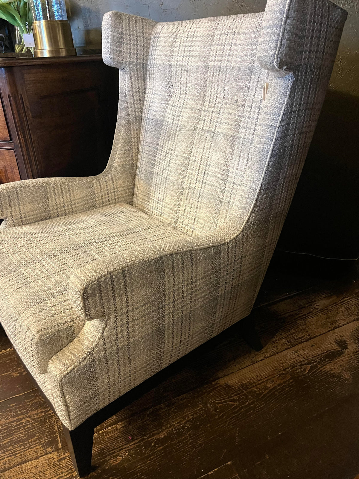 Soft Plaid Upholstered Wingback Chair with Solid Mahogany Legs