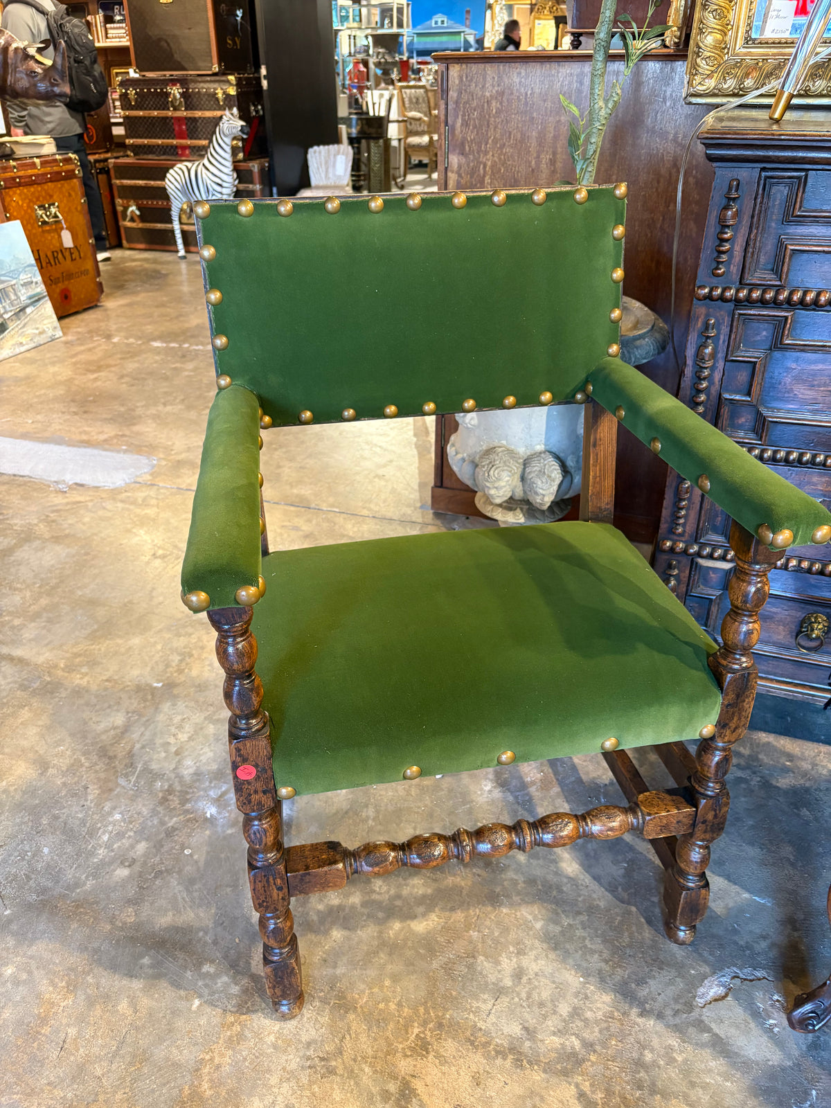 Green Mohair Antique English turned arm chairs, pair of two