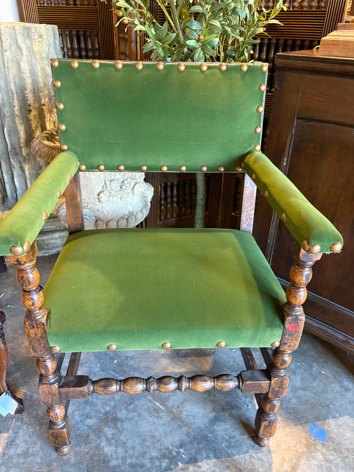 Green Mohair Antique English turned arm chairs, pair of two