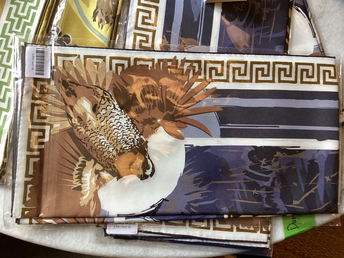 Scarf -SILK. Navy ground with neutral quail corner design