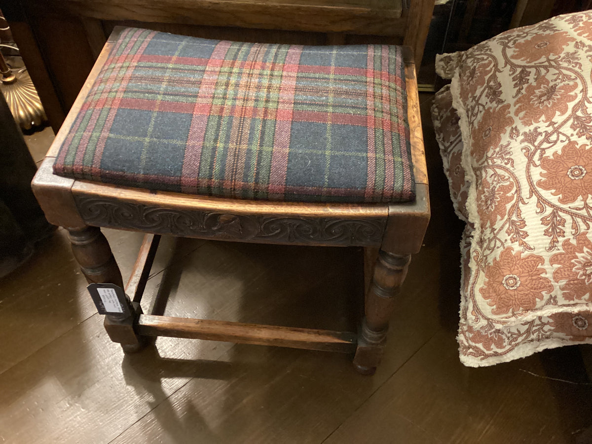 Footstool- antique carved oak design with new wool plaid top