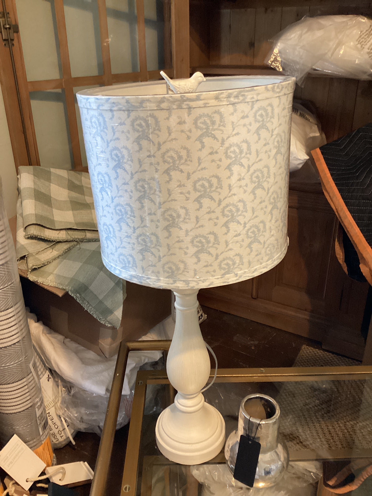 Painted white farmhouse lamp w/ blue floral shade