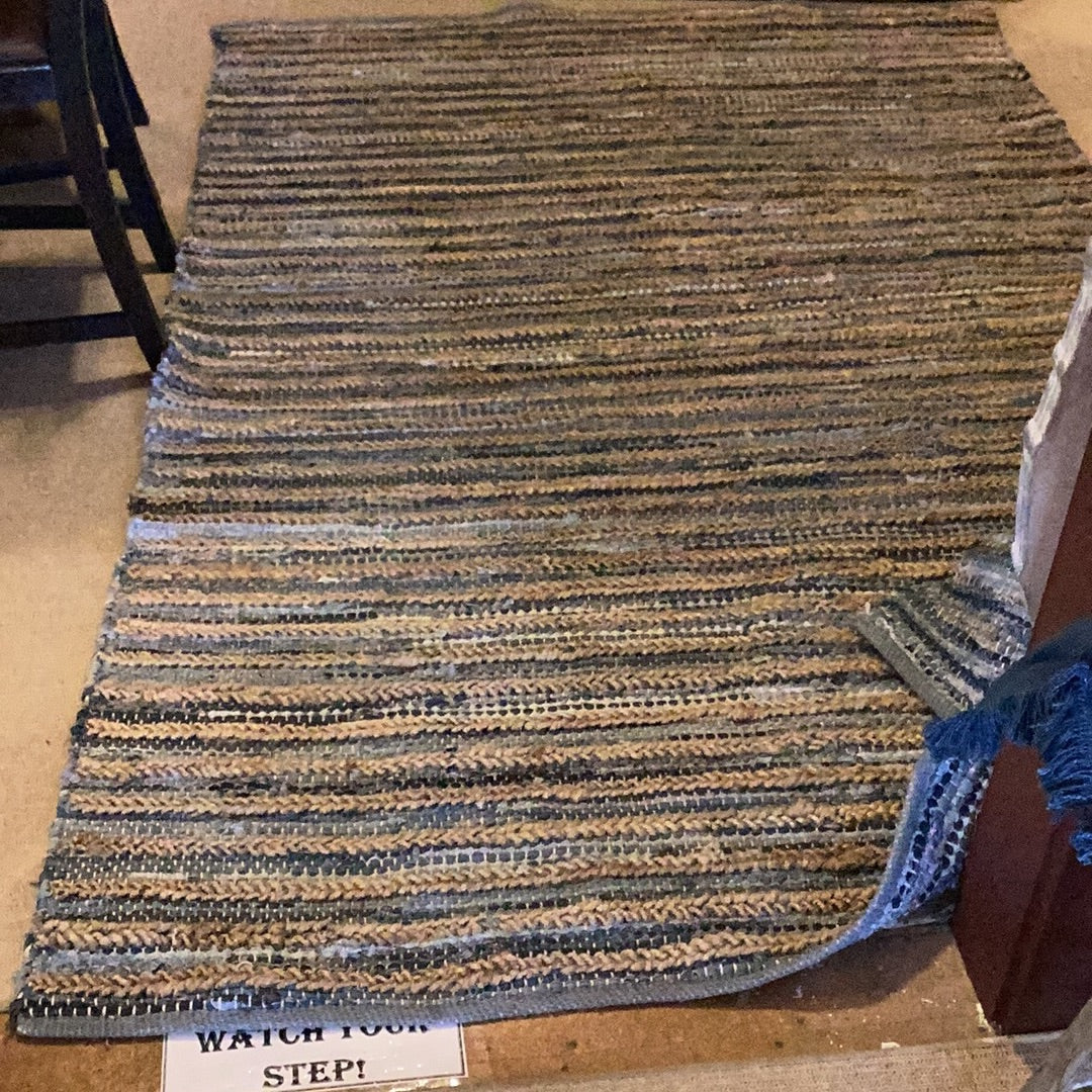 Blue and tan jute stripe rug