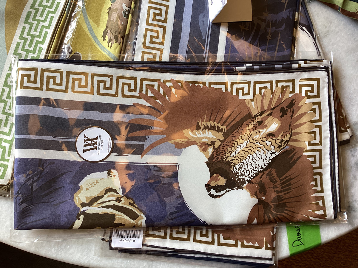 Scarf -SILK. Navy ground with neutral quail corner design