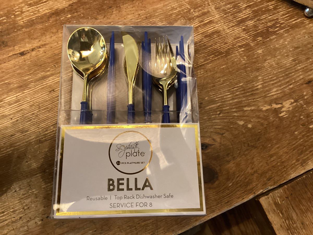 BLUE/GOLD BELLA PLASTIC CUTLERY SERVES 8