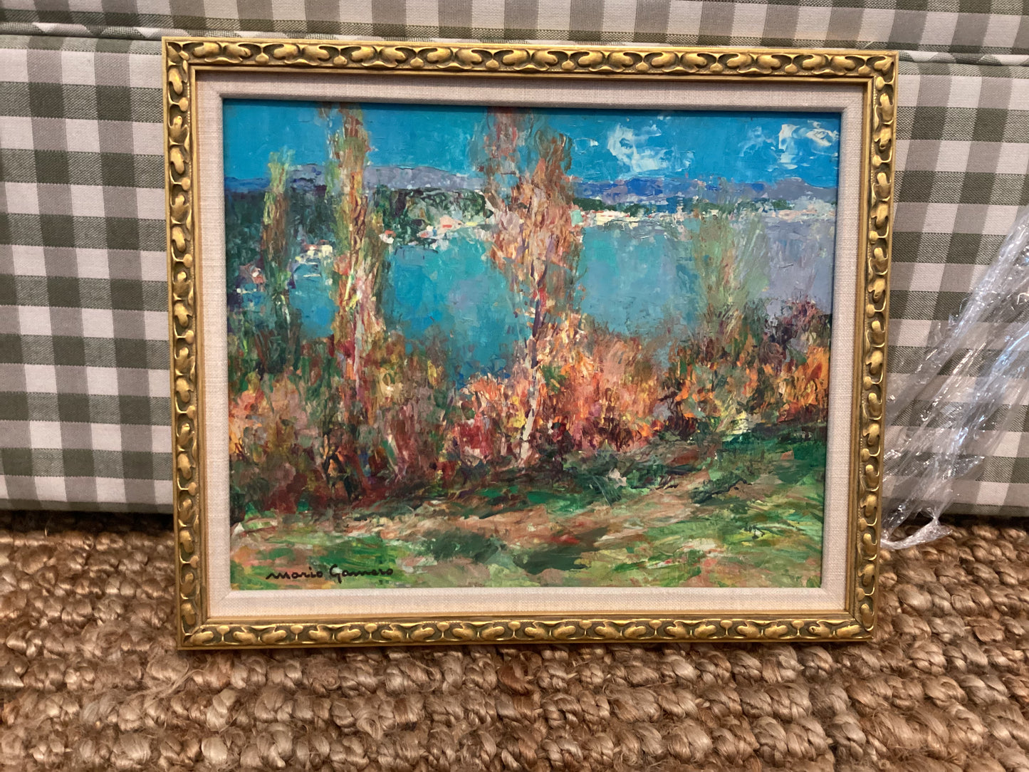 SMALL ITALIAN LAKE SCENE PAINTING ON BOARD 13x14 DETAILED GOL FRAME