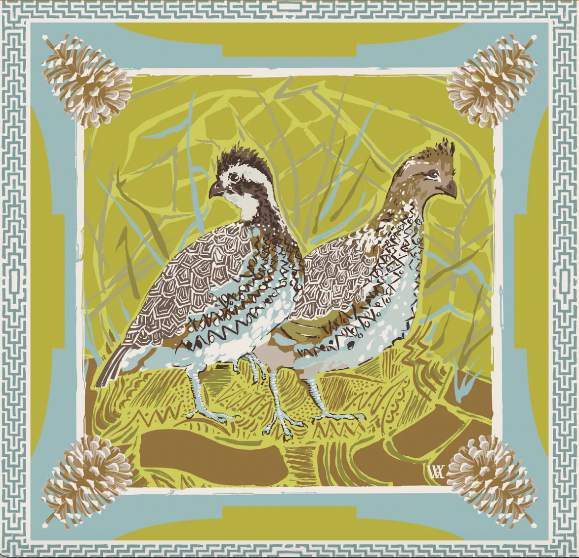 35" Burl/ Chartreuse Quails Framed Scarf