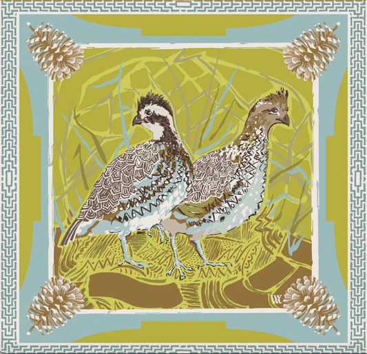 35" Burl/ Chartreuse Quails Framed Scarf