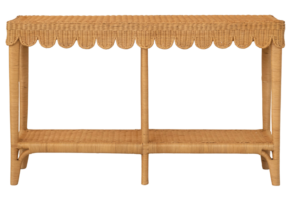 Hand-Woven Rattan Scalloped Console Table w Shelf, Natural
