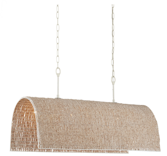7 Light Rectangular Chandelier with Wood Beaded Shade and White Iron Frame