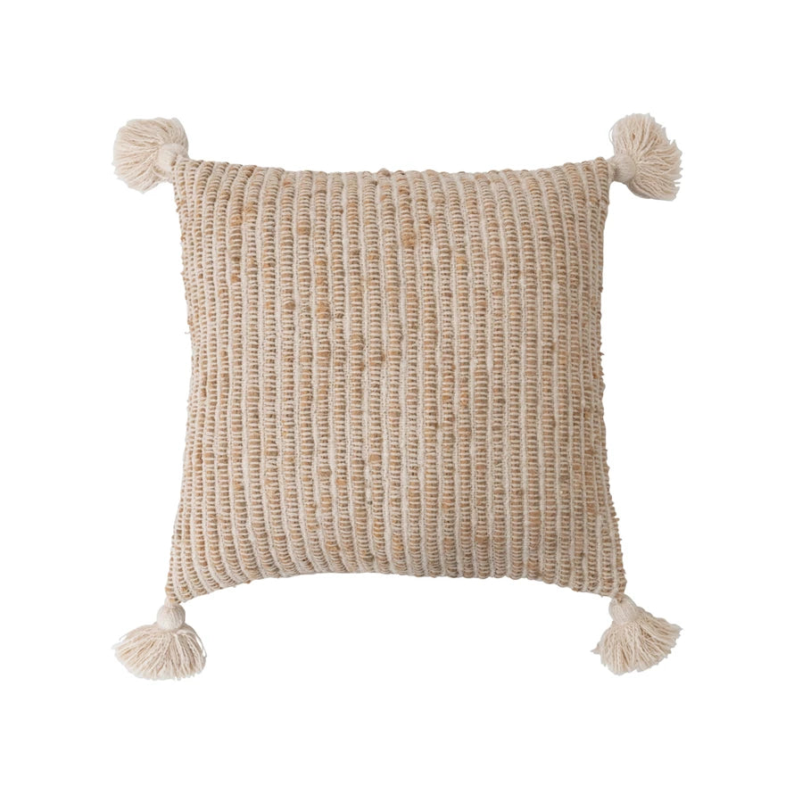 20" Woven Cotton Striped Pillow w/ Tassels, Polyester Fill
