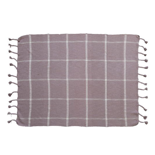 Woven Cotton Slub Throw w/ Grid Pattern & Braided Fringe, Lilac Color & White