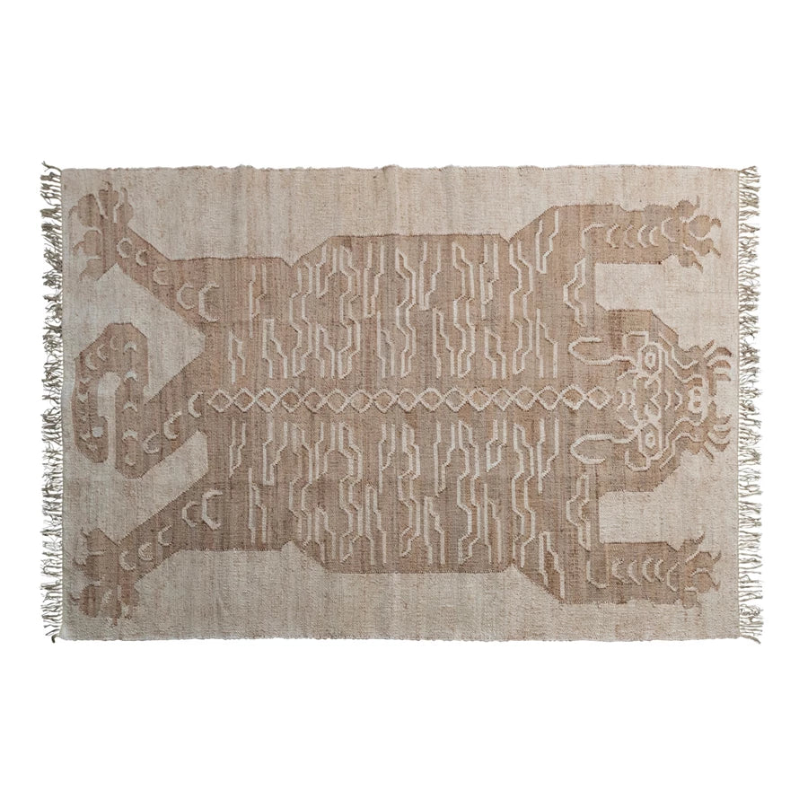 Rug. 6 x 9 Hand Woven Cotton & Jute Rug w/ Dragon & Fringe, Natural & Brown