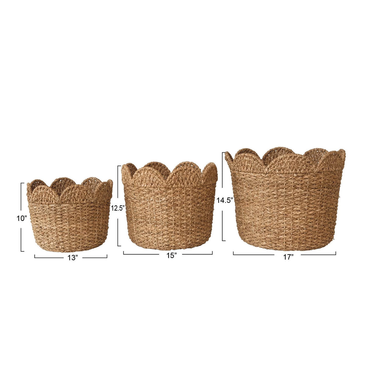 Braided Bankuan & Rattan Baskets w/ Scalloped Edge, Set of 3