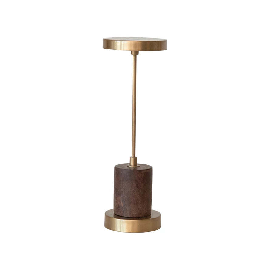 Metal & Mango Wood LED Table Lamp w/ Touch Sensor, Antique Brass Finish